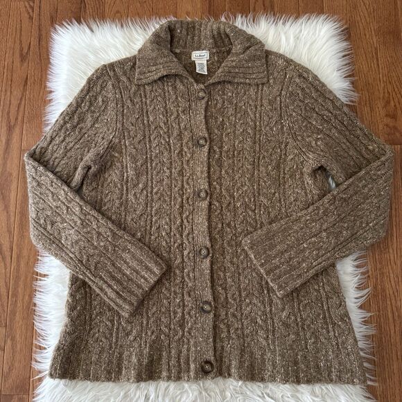 LL Bean Vintage Wool Sweater Women’s Large Cableknit Fisherman Chunky Cardigan - Picture 1 of 6